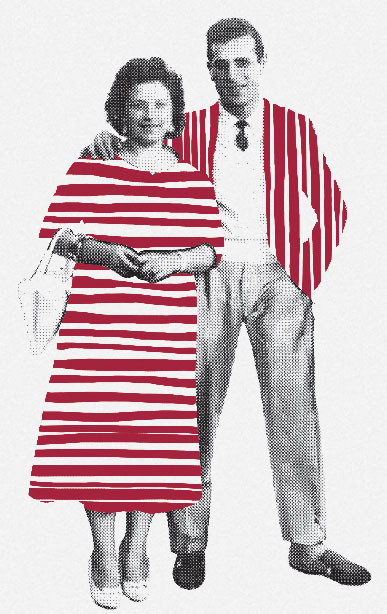 Retro Couple in Coordinated Red and White Striped Outfits Vintage-style image of a smiling couple, with the woman in a red and white horizontally striped dress and the man in a matching vertically striped jacket.