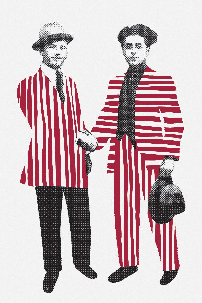 Vintage Men in Red and White Striped Suits Two men in vintage attire shake hands, both wearing red and white vertically striped jackets, with one holding a hat.